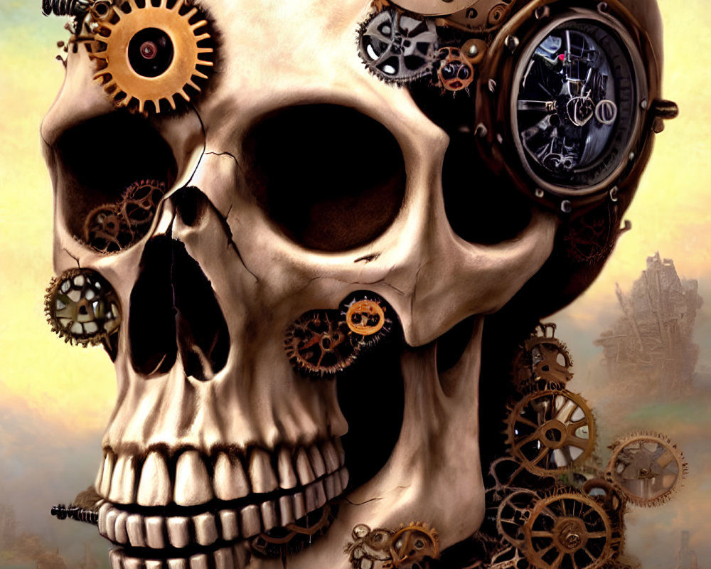 Steampunk skull with gears on pastoral background