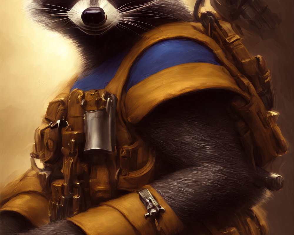 Yellow Spacesuit Anthropomorphic Raccoon with Weapon on Back