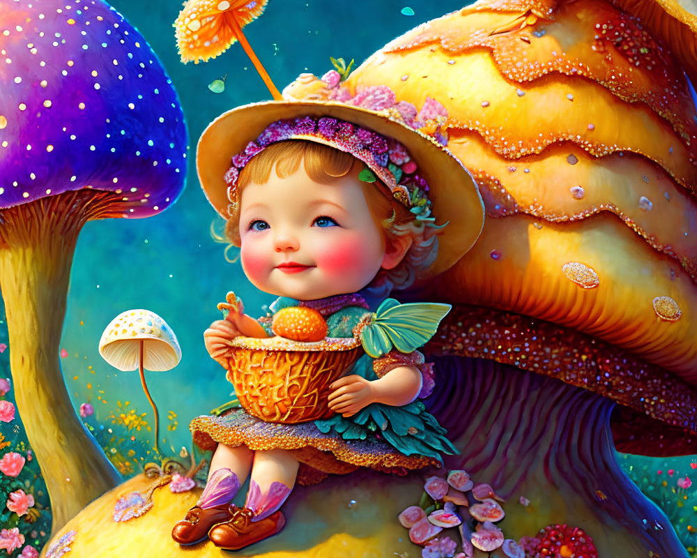 Child with fairy wings on mushroom amidst colorful flora