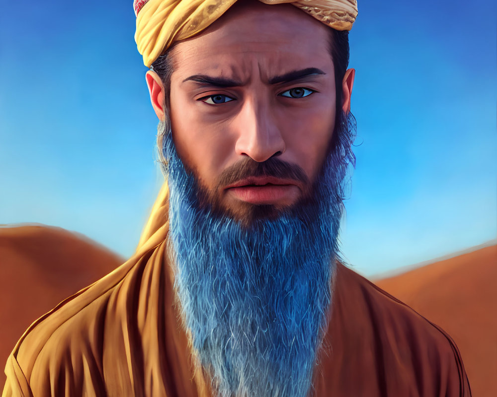 Man with Blue-Dyed Beard and Turban in Desert Portrait