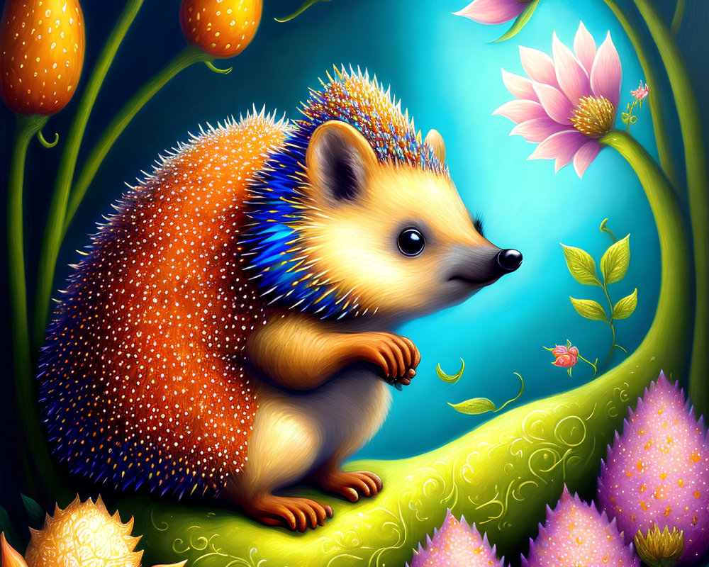 Colorful Hedgehog Among Vibrant Flowers and Foliage on Luminous Blue Background