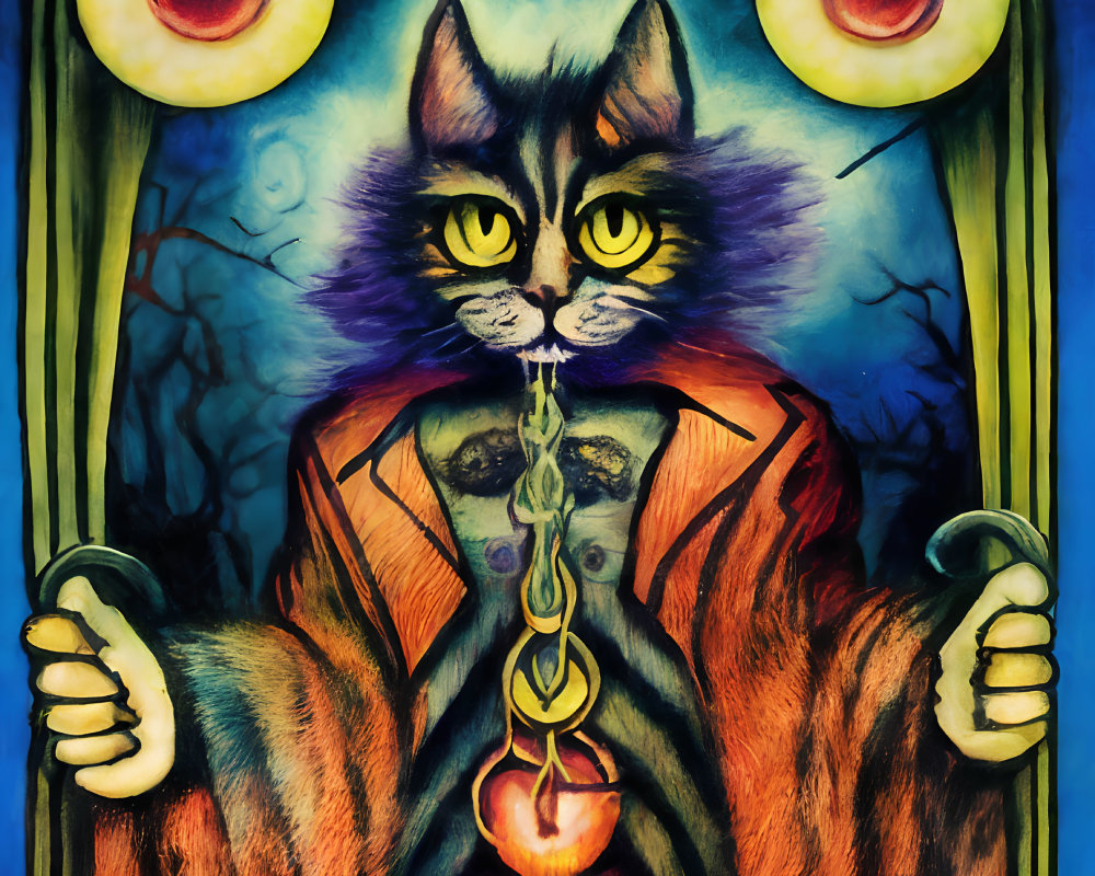 Vibrant humanoid cat figure with key in hand and stylized eyes in mysterious backdrop