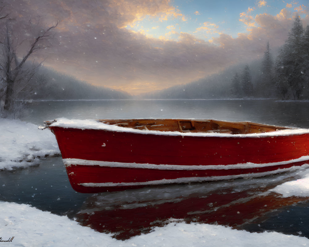 Red boat on snowy riverbank under dramatic sky at sunrise or sunset