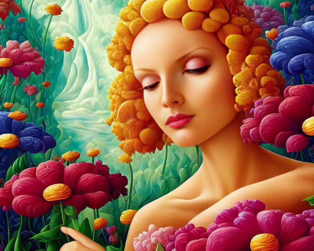 Woman with Yellow Flower Hair in Vibrant Garden