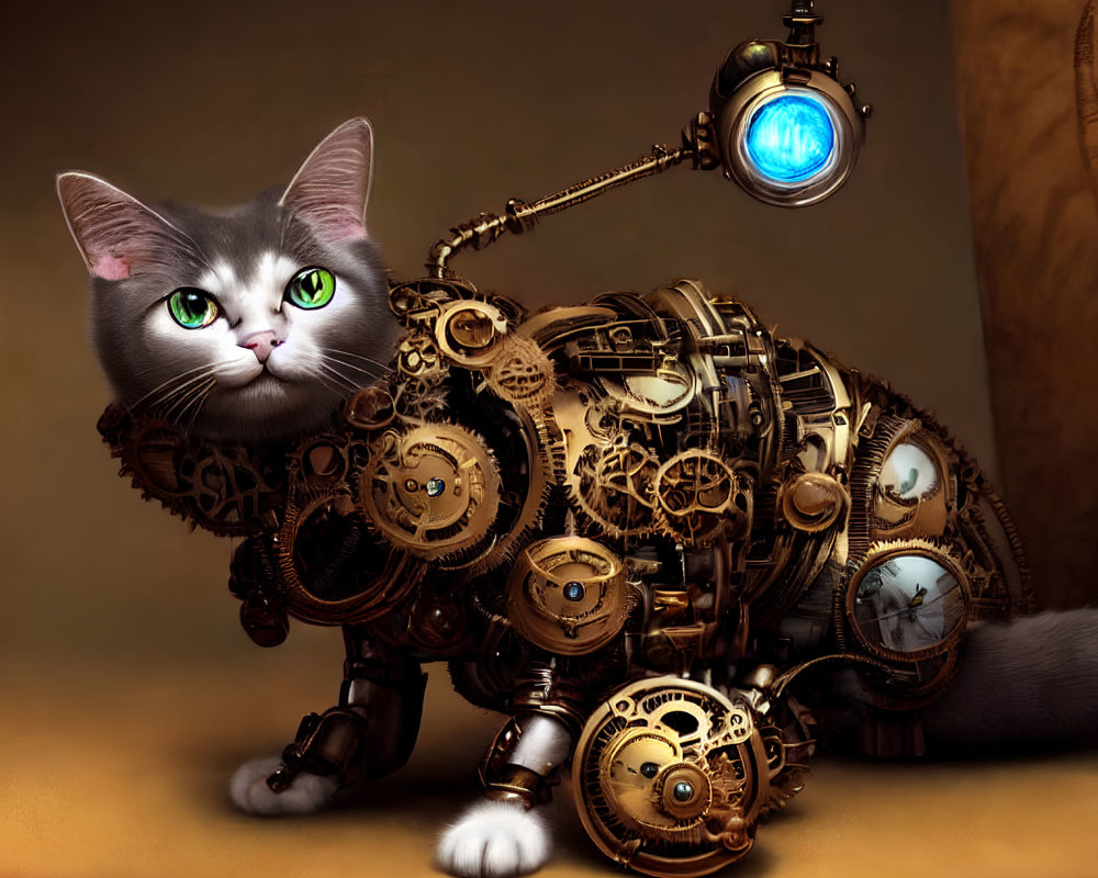 Steampunk-inspired cat digital artwork with mechanical body and clock details