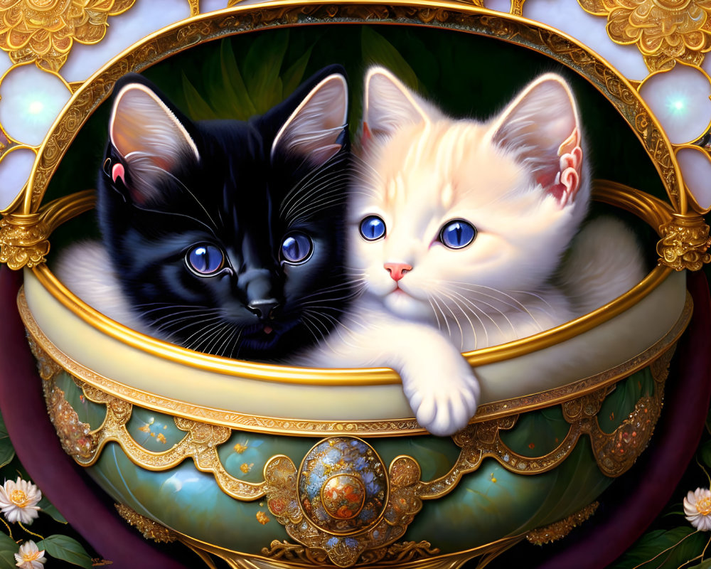 Adorable black and white kittens in ornate bowl with floral motifs