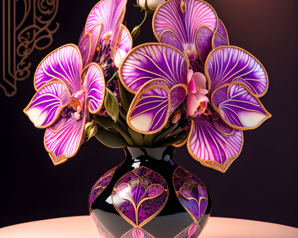 Black vase with gold and pink patterns, vibrant orchids on dark background