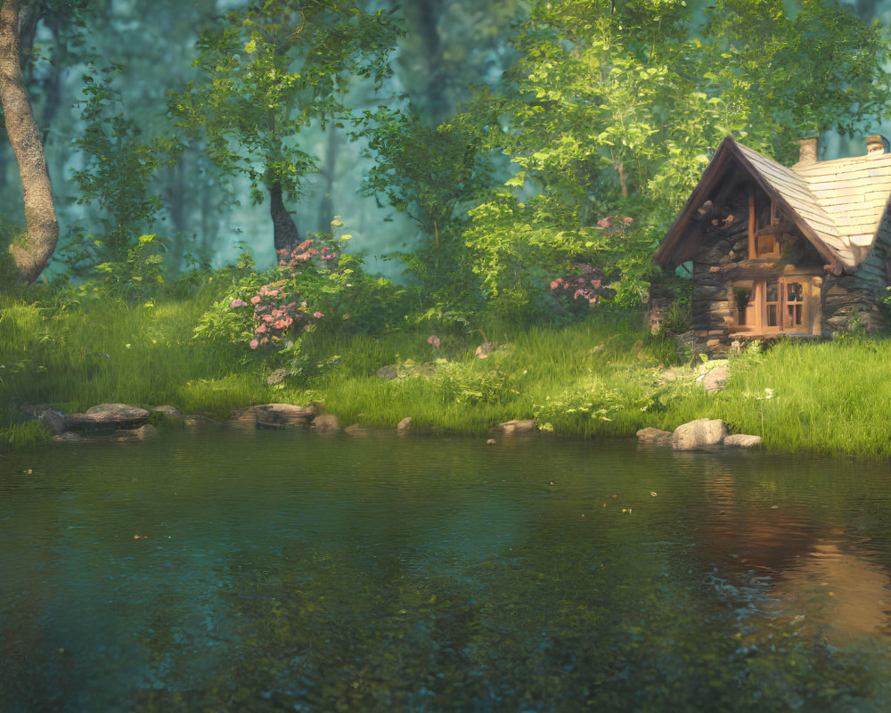 Tranquil woodland scene with cabin, pond, trees, and flowers