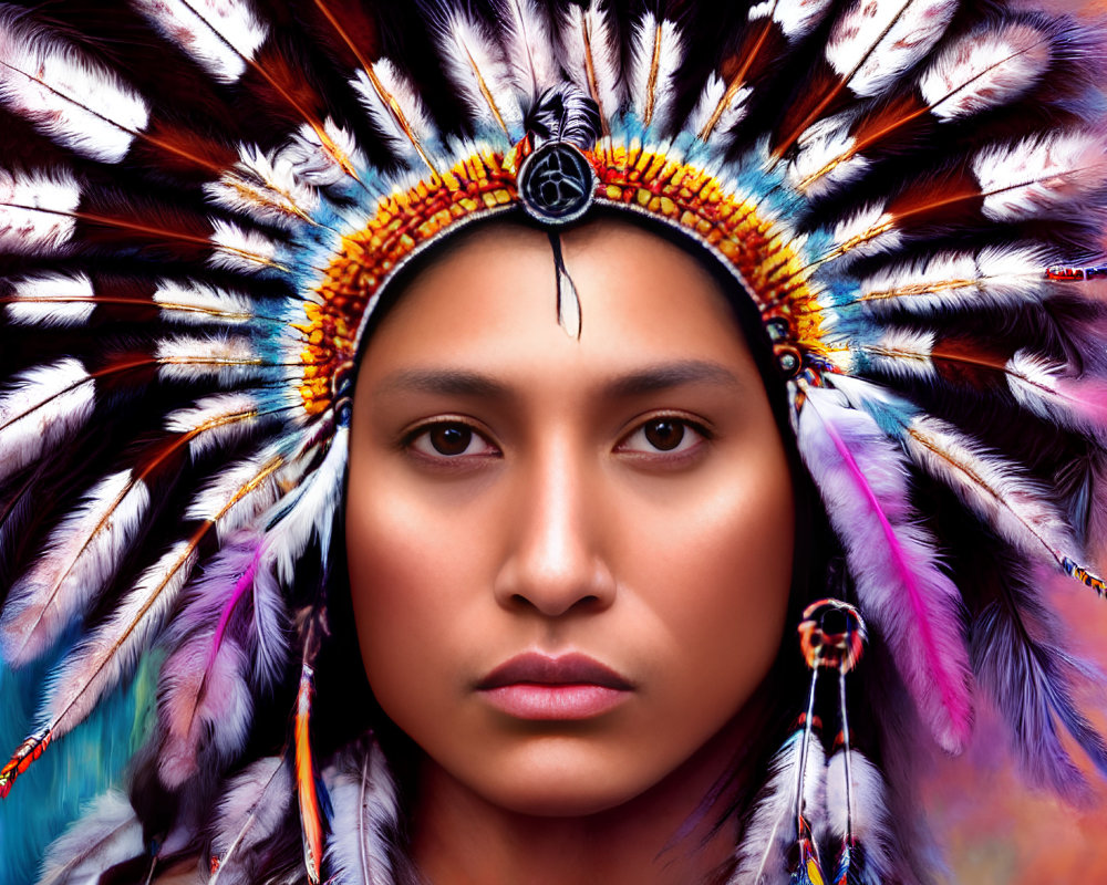 Serious person in vibrant native headdress on colorful background