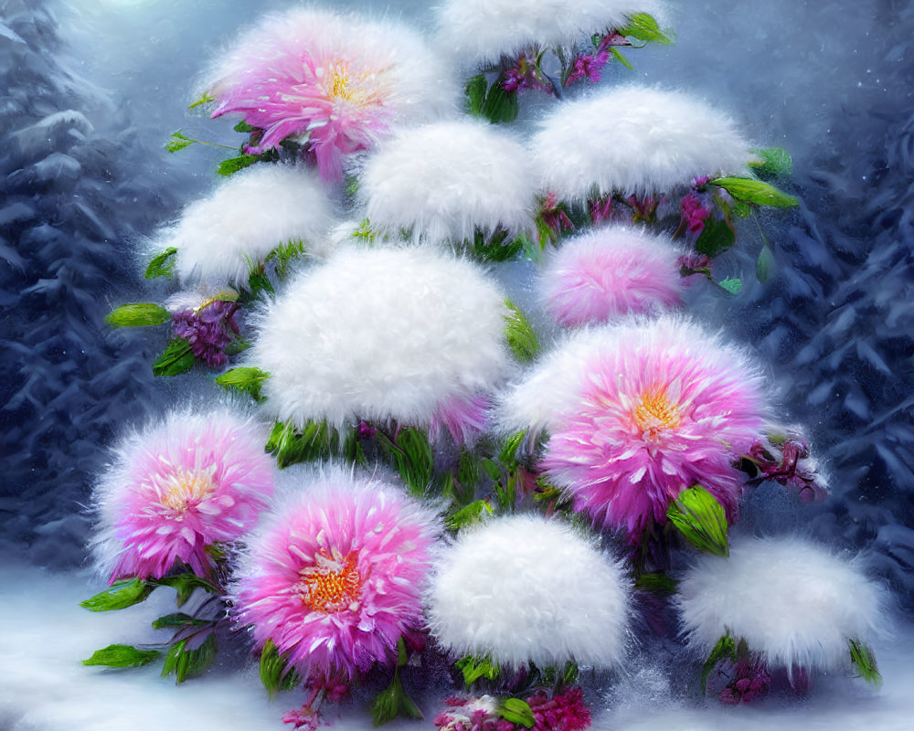 Pink flowers blooming in snowy winter scene