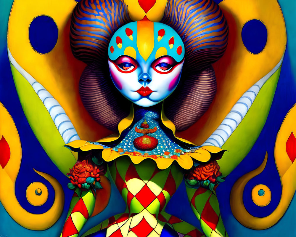 Colorful digital artwork of stylized female figure with face paint & surreal patterns