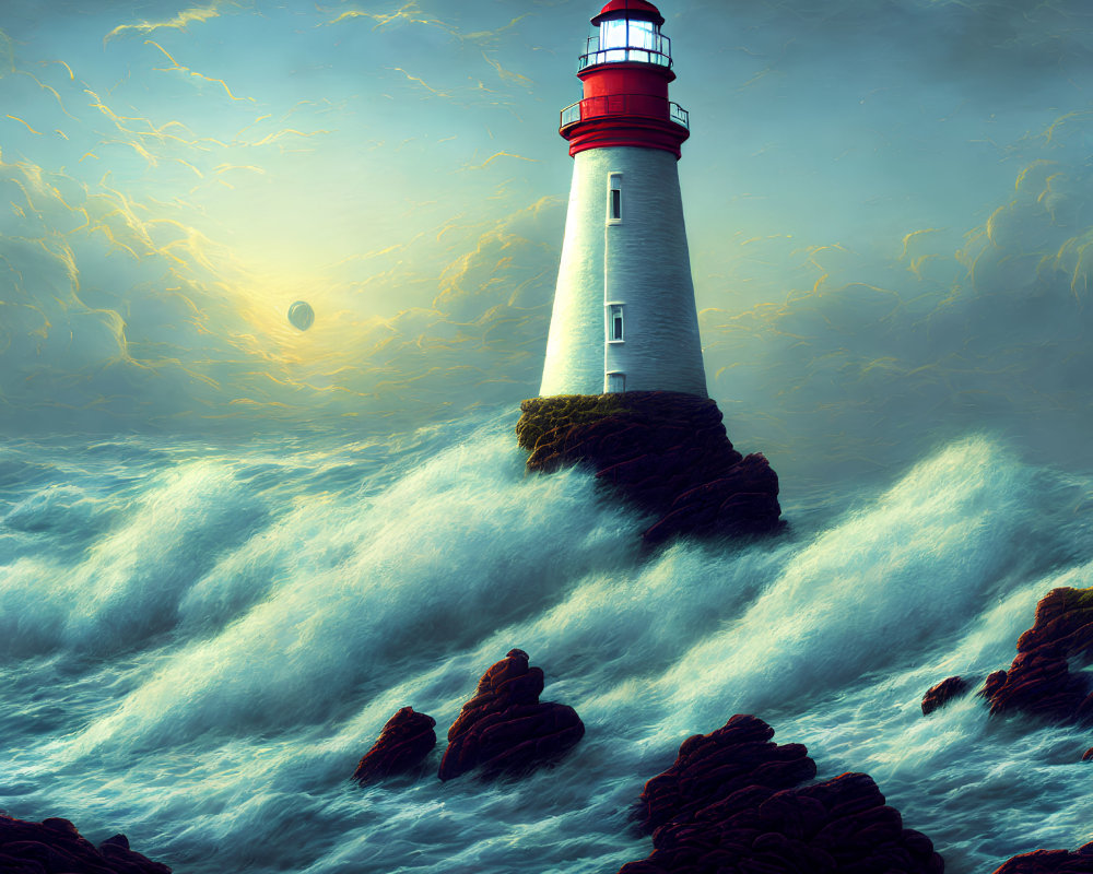 Picturesque lighthouse on rugged cliff amid crashing waves and dramatic sky