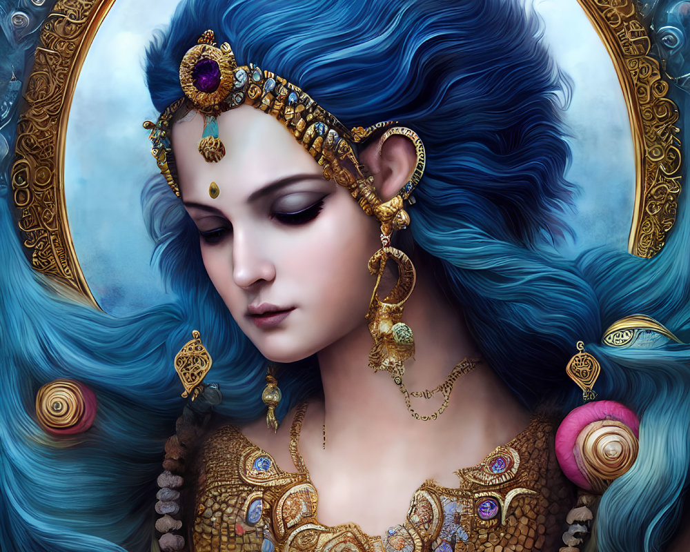 Woman with Blue Hair and Golden Jewelry on Blue Background