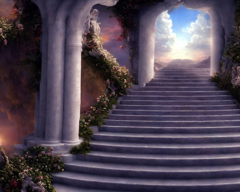 Grand stairway with columns and statues under heavenly sky and blooming flowers