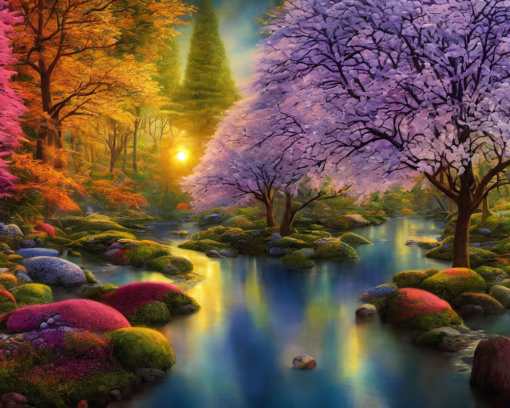 Colorful forest scene with pink and purple trees, serene river, moss-covered stones, and warm sunrise