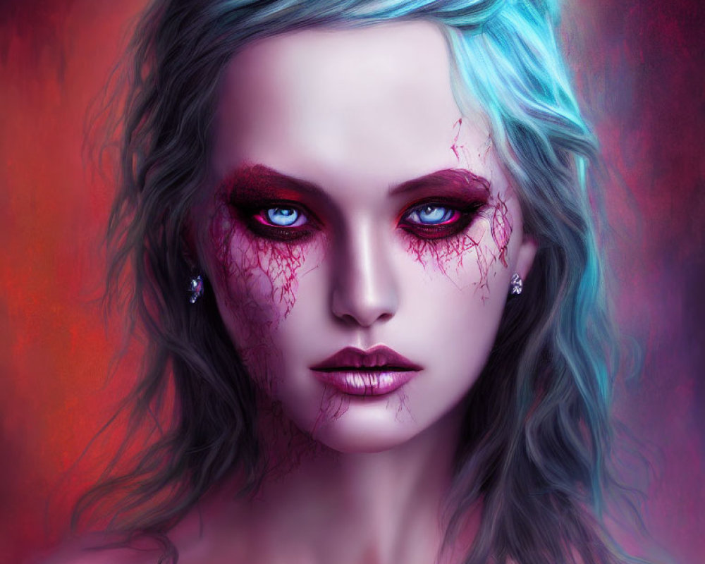 Illustrated portrait of woman with blue hair, red eyes, and dramatic makeup on red background