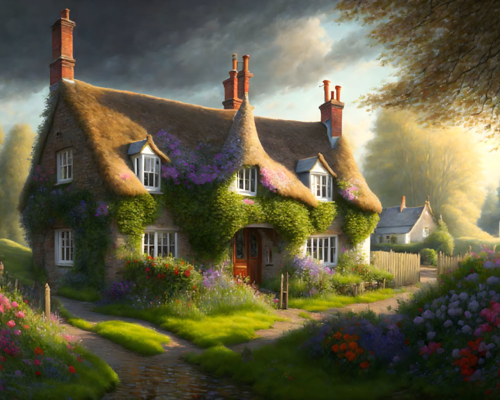 Thatched Cottage with Blooming Flowers in Tranquil Countryside