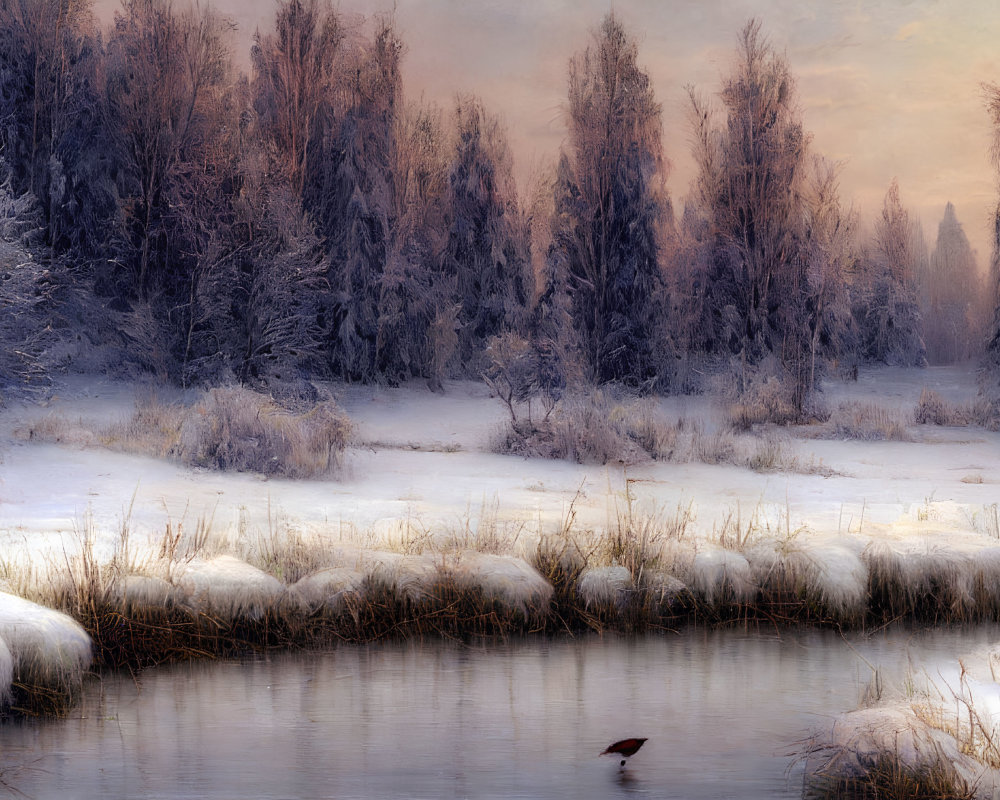 Snow-covered trees reflecting in calm water at sunrise