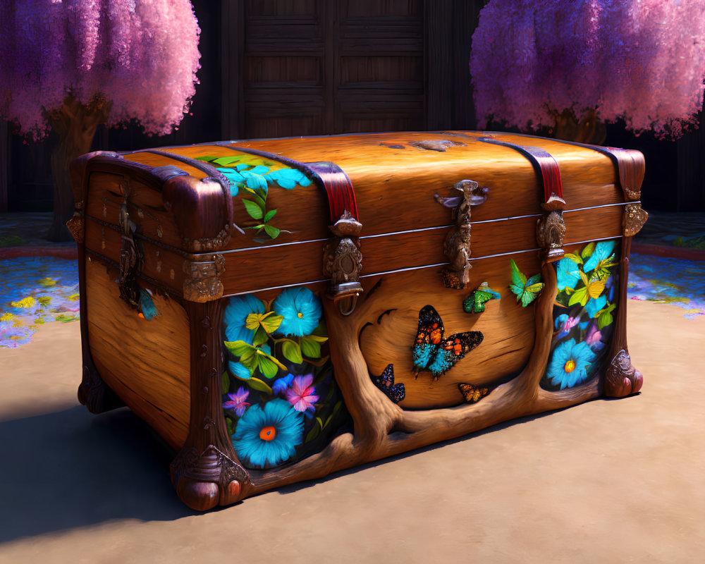 Vintage Wooden Chest with Flower and Butterfly Motifs under Purple Tree Canopy