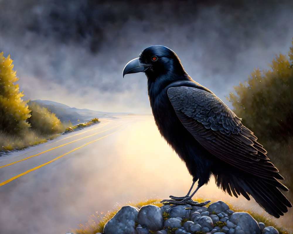 Black raven on rocks at sunrise with mist and trees in background