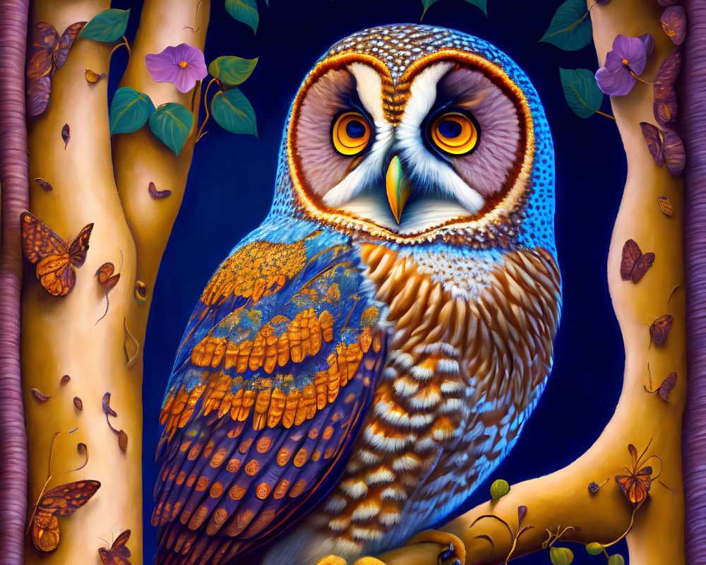 Colorful Owl Perched on Branch with Butterflies and Foliage on Blue Background