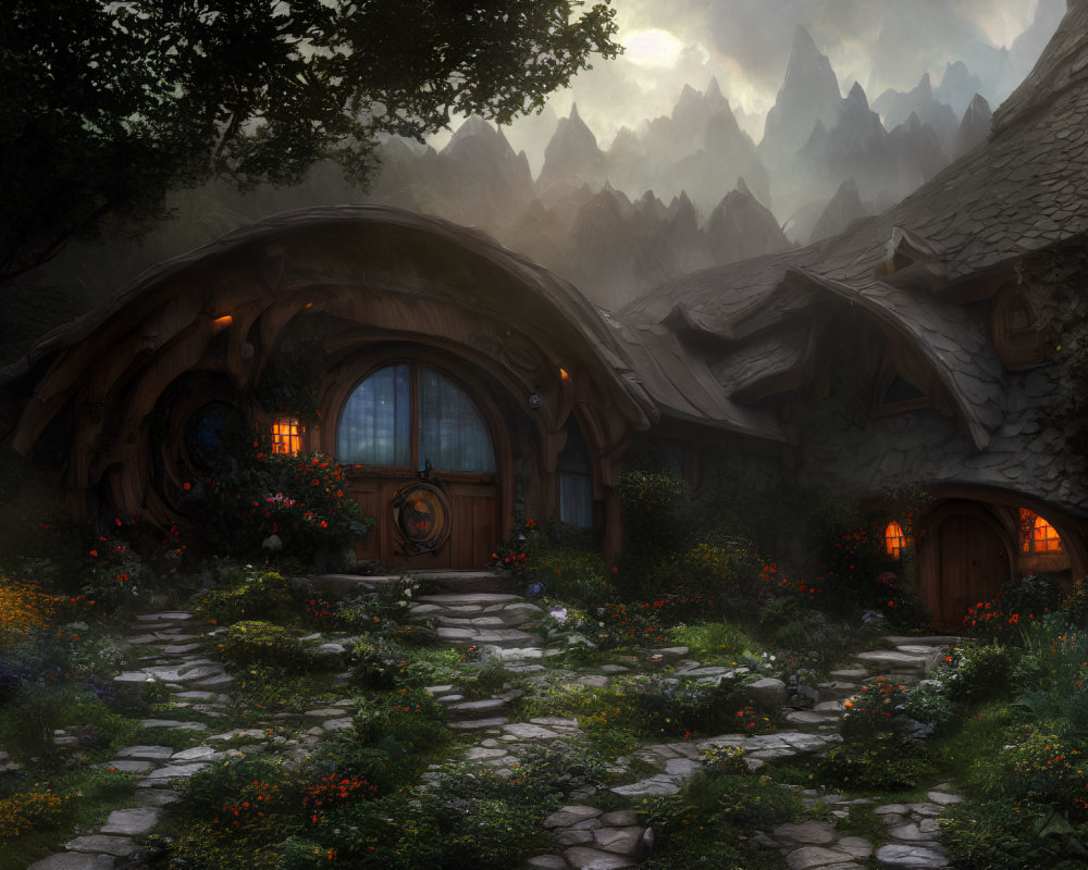 Whimsical cottage in mystical forest with round doors and mountains