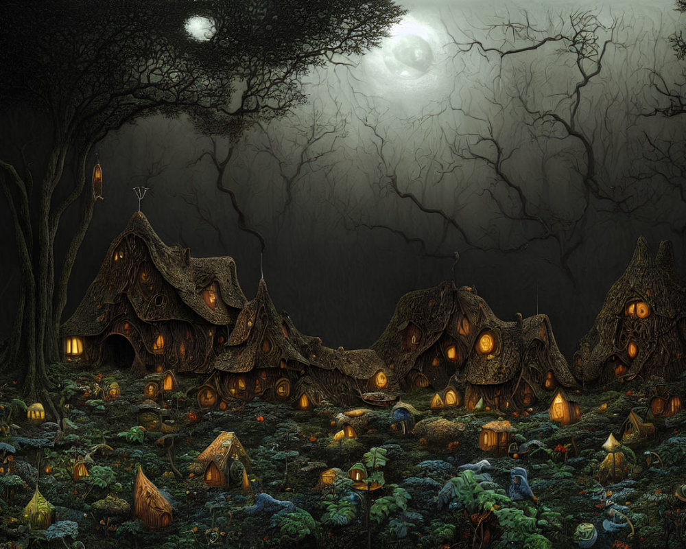 Nighttime Enchanted Forest with Mushroom Houses and Full Moon