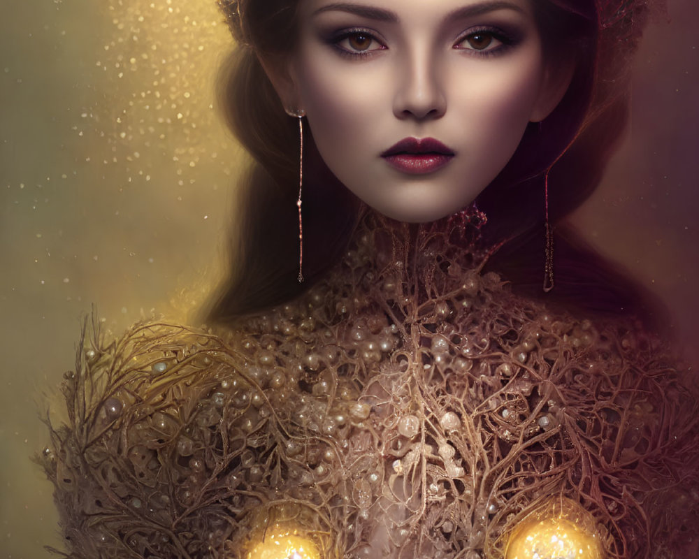 Digital portrait of a woman in regal attire with glowing accessories and mystical lighting, embodying an eth