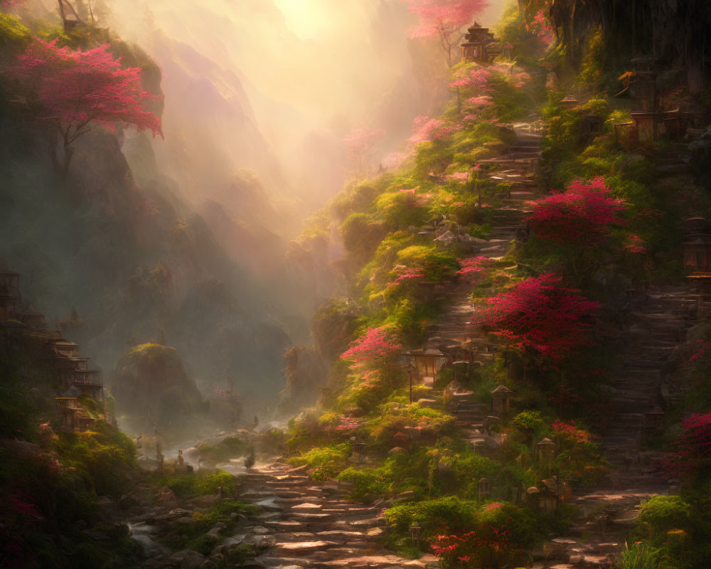 Ethereal landscape with stone staircase, greenery, blossoming trees, lanterns, and mist