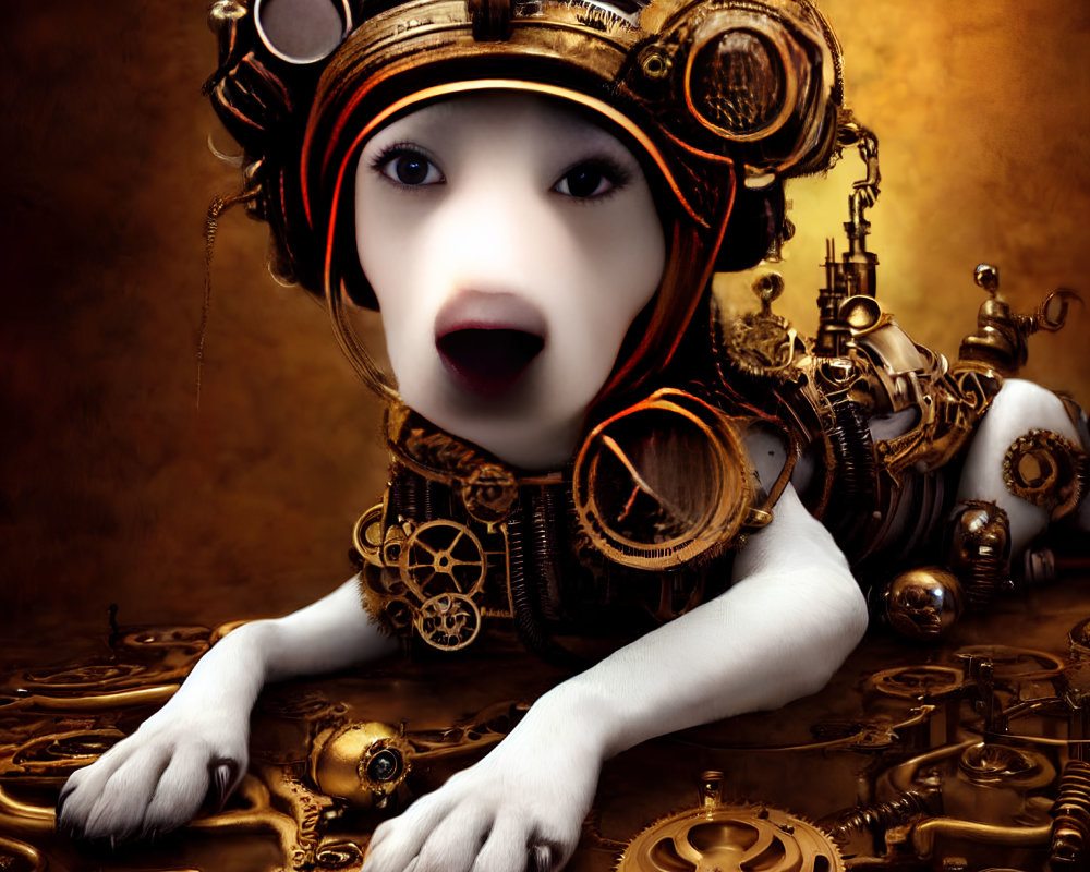 Surreal steampunk artwork: human-like face, dog-like body, mechanical elements.