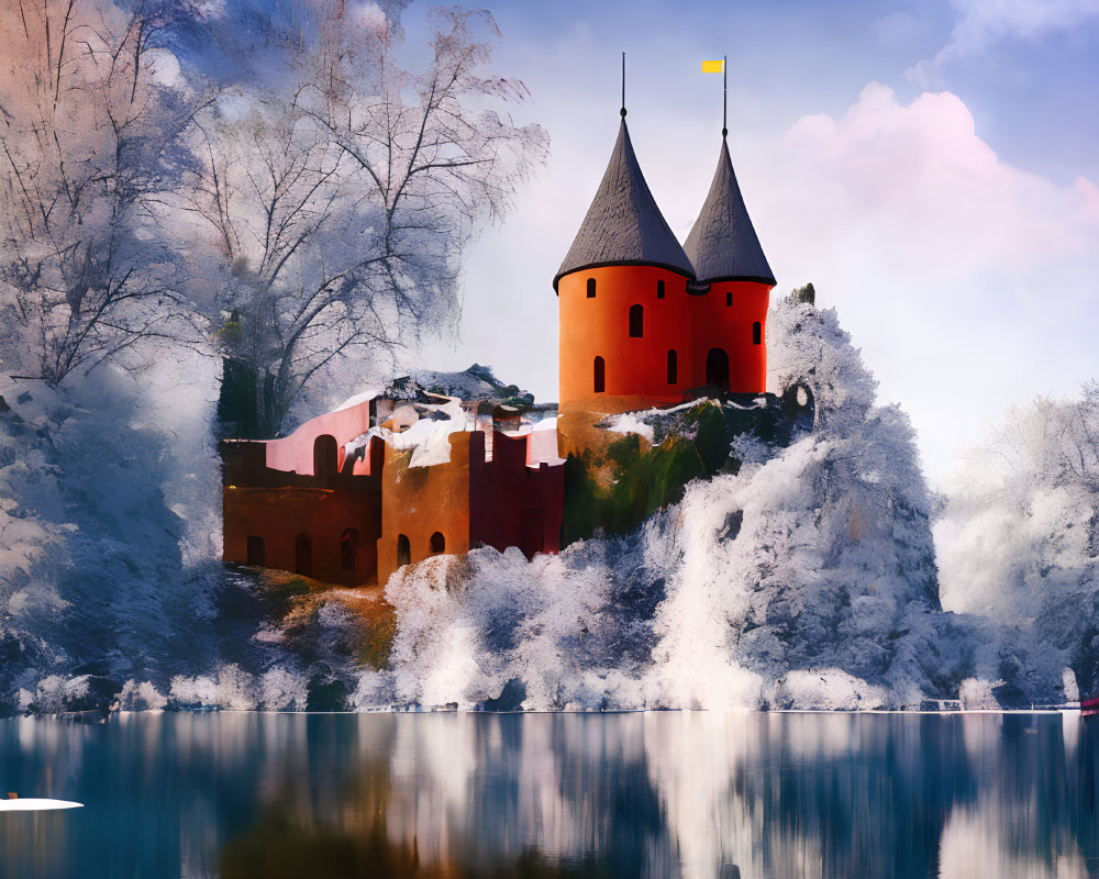 Medieval castle with twin towers on snowy hill reflected in calm lake