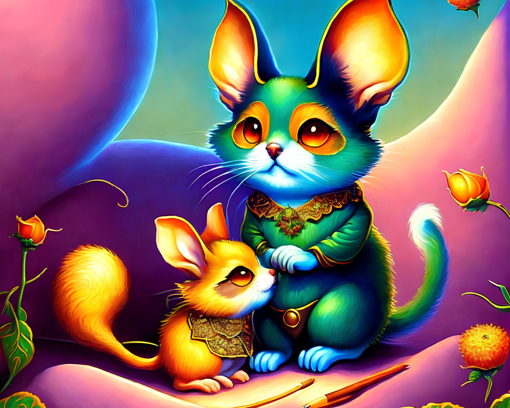 Colorful anthropomorphic cat and orange creature in whimsical setting