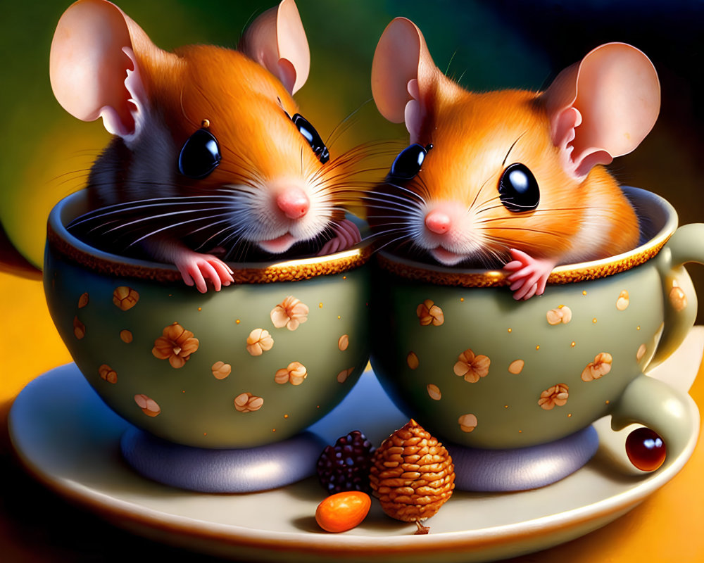 Cartoon mice in floral teacups with pine cone and almond.