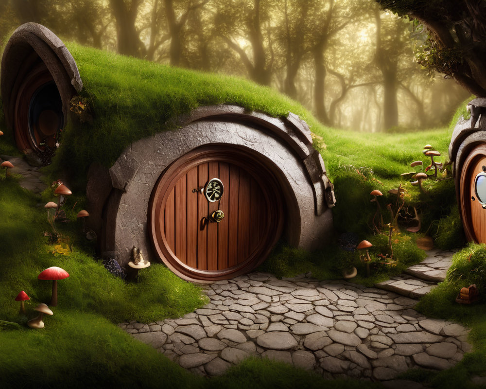 Whimsical forest scene with hobbit-like doors, mushrooms, and stone pathway