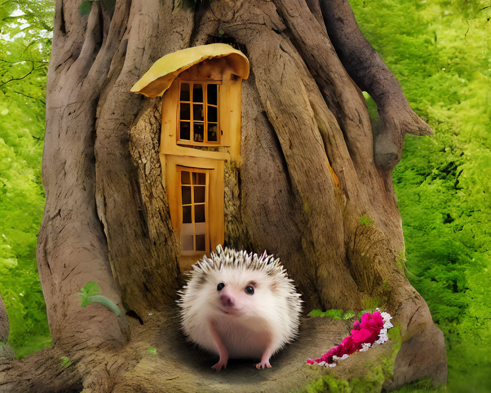 Whimsical hedgehog in front of large tree trunk with small yellow door