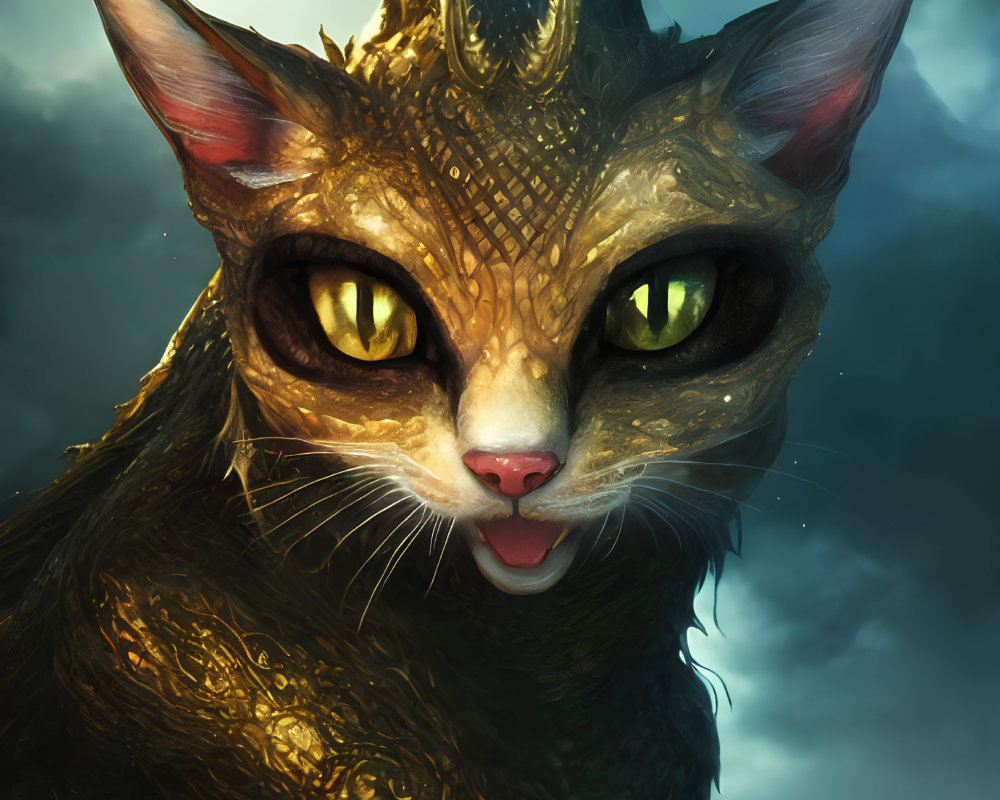 Mystical cat with luminous yellow eyes and golden patterns