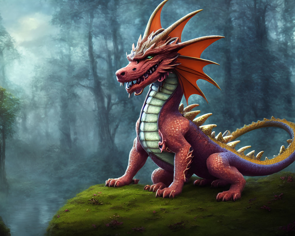 Majestic red dragon with orange spikes in mystic forest with swirling fog