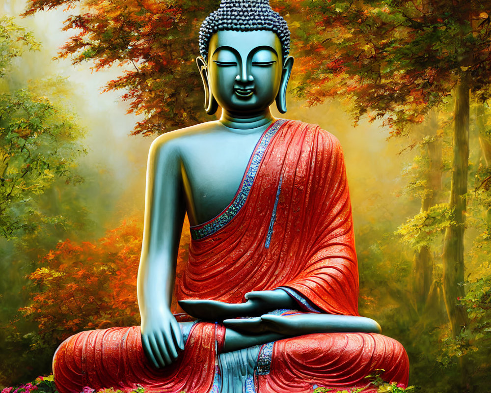 Colorful Buddha statue meditating in autumn forest landscape