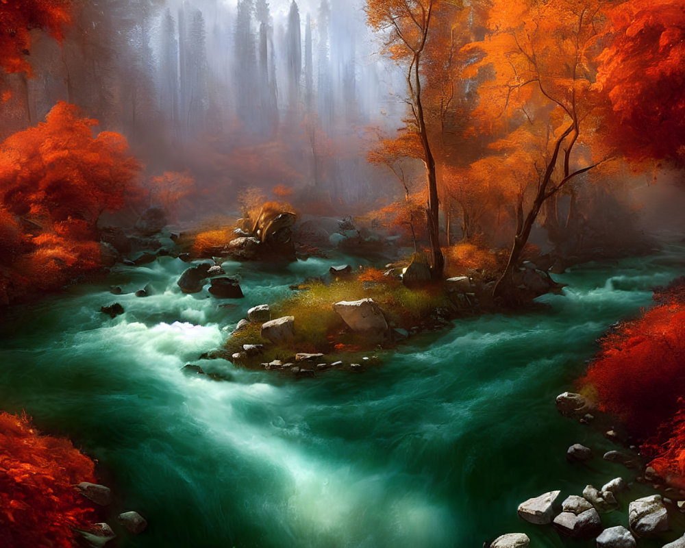 Tranquil autumn river in forest with vibrant foliage