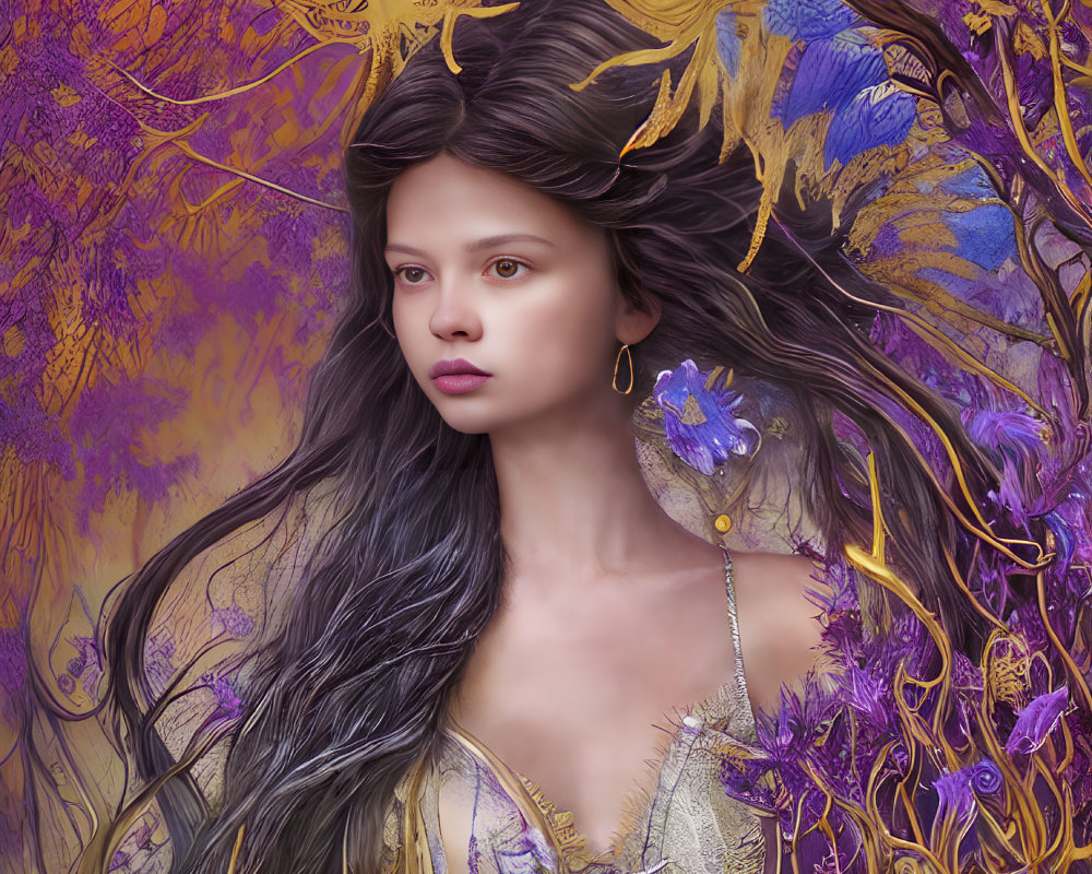 Fantastical portrait of woman with dark hair, purple and gold flora, butterflies