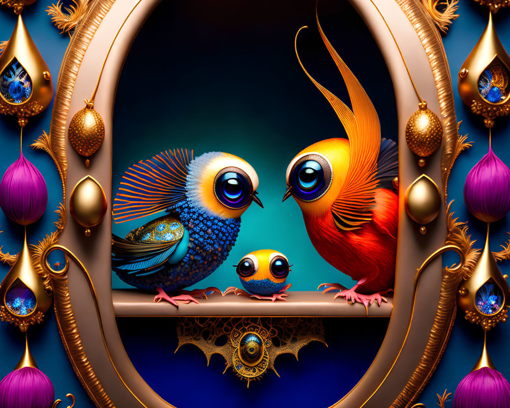 Colorful whimsical birds with oversized eyes on decorative perch, with chick and ornate golden embellishments