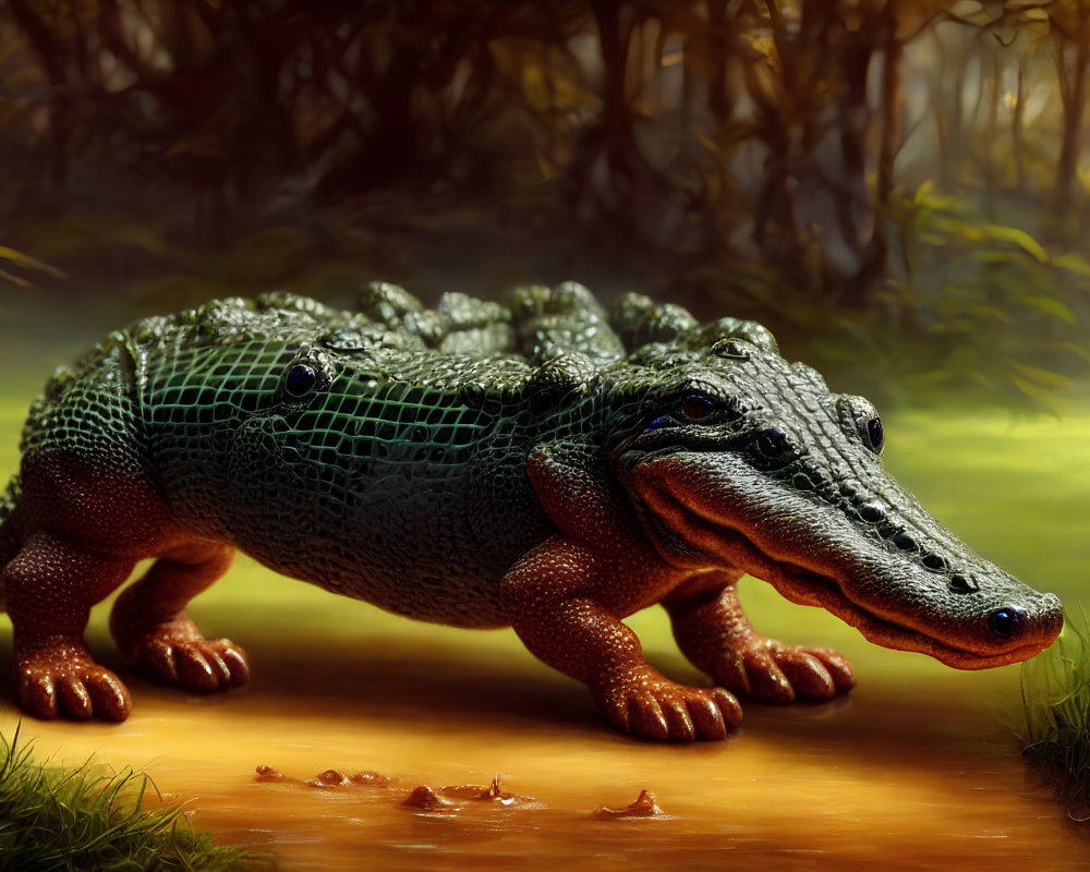 Detailed Green Alligator in Swampy Environment with Lush Vegetation