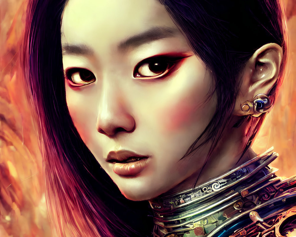 Detailed digital portrait of woman in metallic armor and red makeup against fiery backdrop