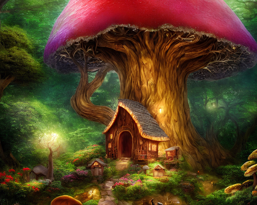 Whimsical illustration of cozy mushroom house in enchanted forest