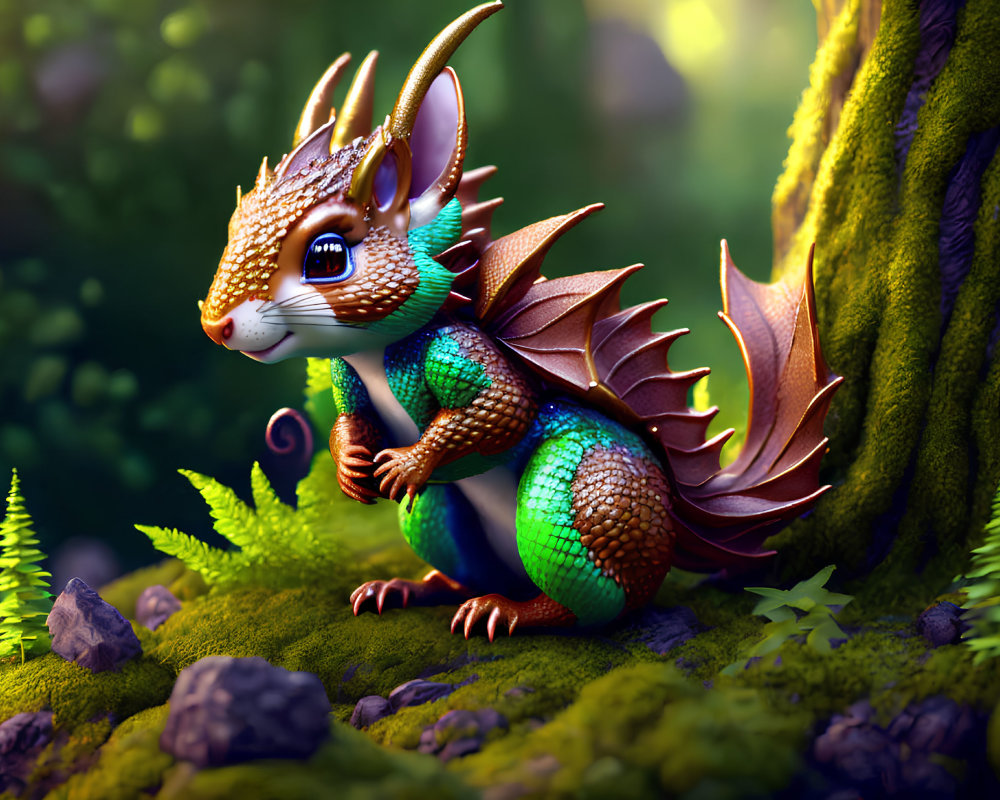 Illustration of dragon-squirrel hybrid in enchanted forest