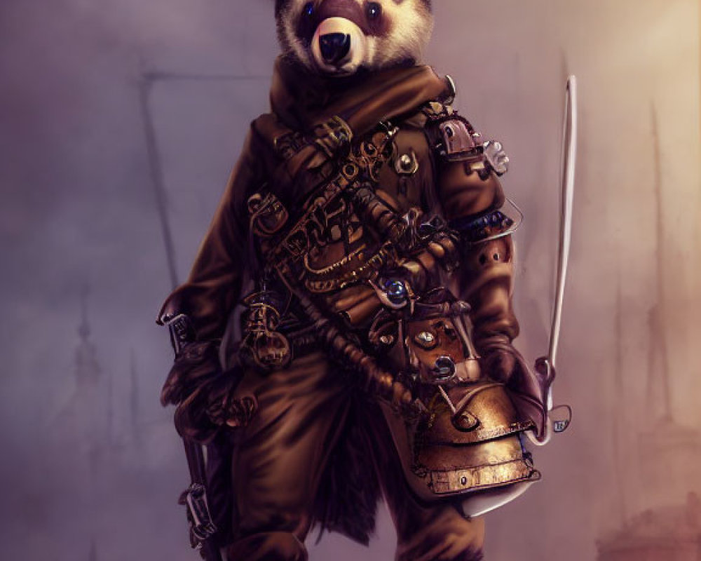 Anthropomorphic raccoon in steampunk pirate attire with sword, goggles, coat, and boots