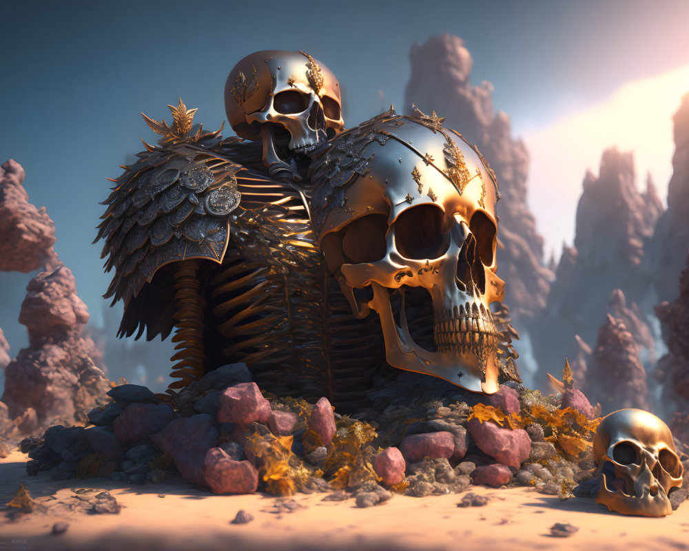 Fantastical landscape with oversized golden skulls in armor amid rocky terrain