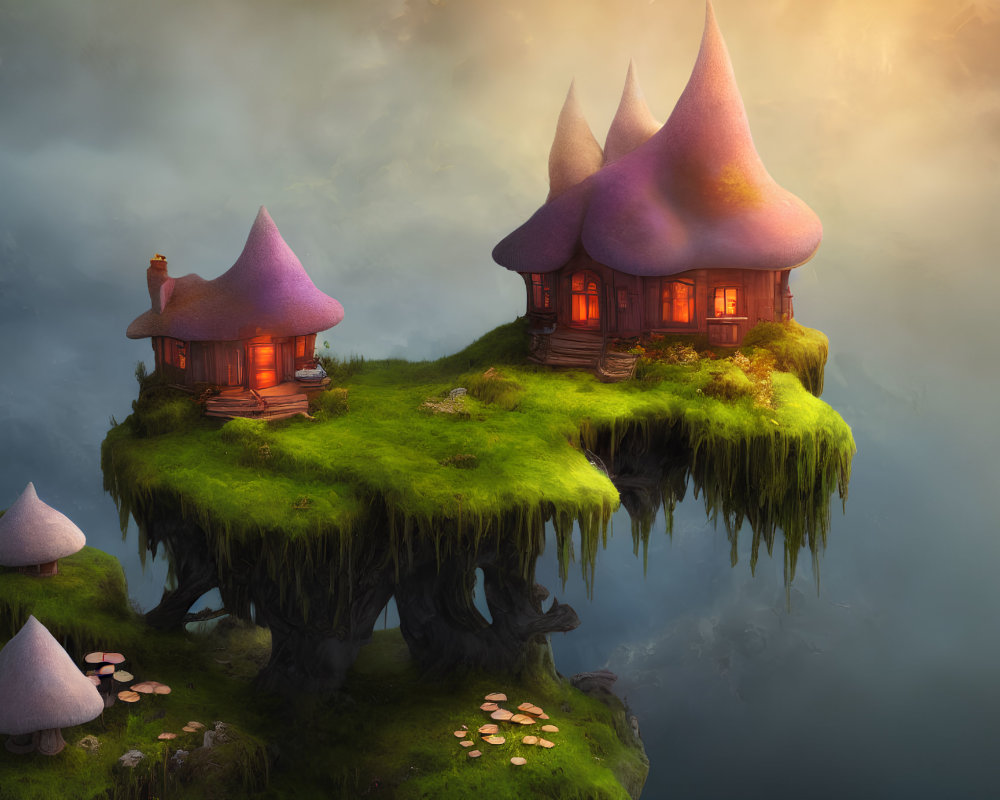 Whimsical cottages on vibrant floating island