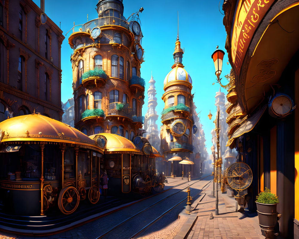 Steampunk-inspired cityscape with ornate buildings and golden tram