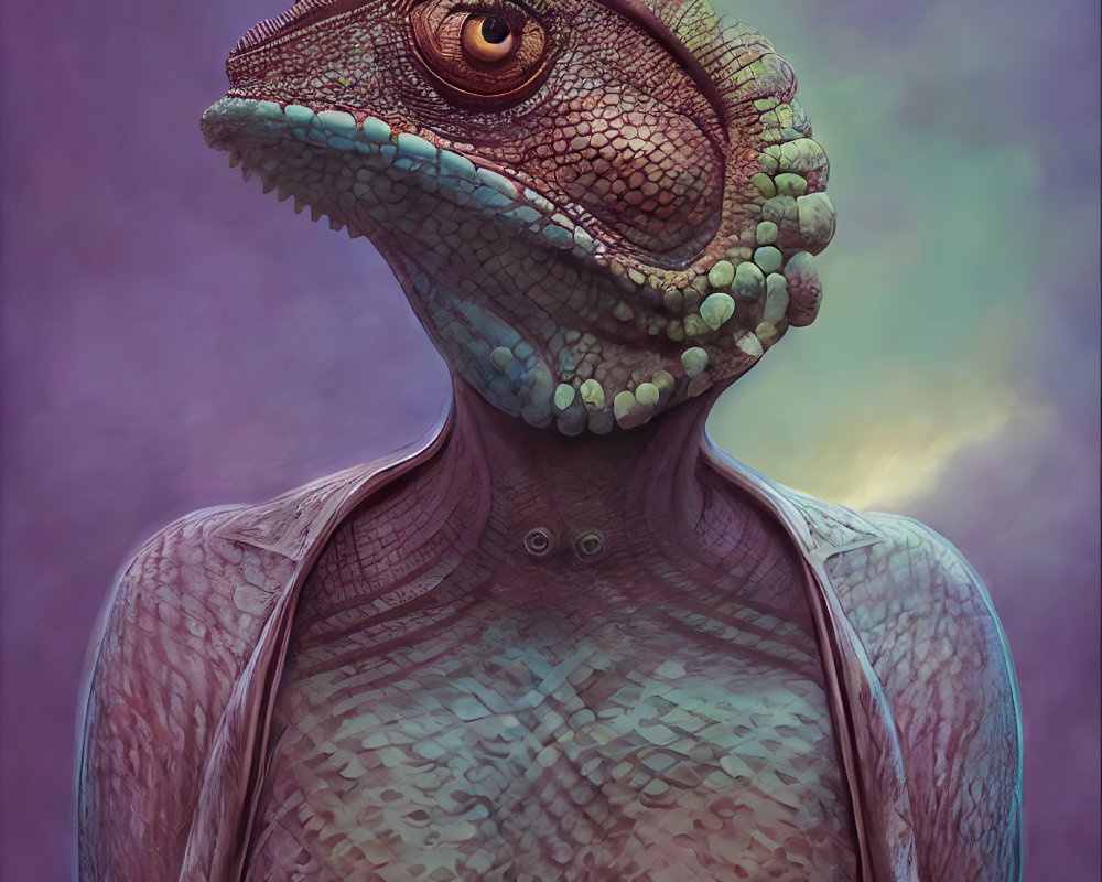 Textured scaly humanoid reptilian creature in jacket on purple and green background